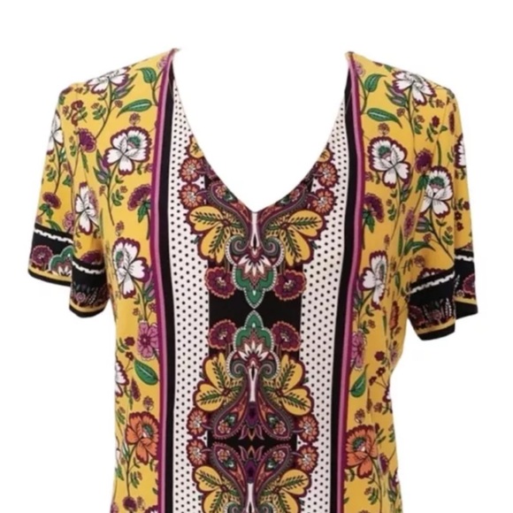 London Times Yellow Print Short Sleeve V-neck Floral Shift Mini Dress Size 4 - Picture 5 of 7